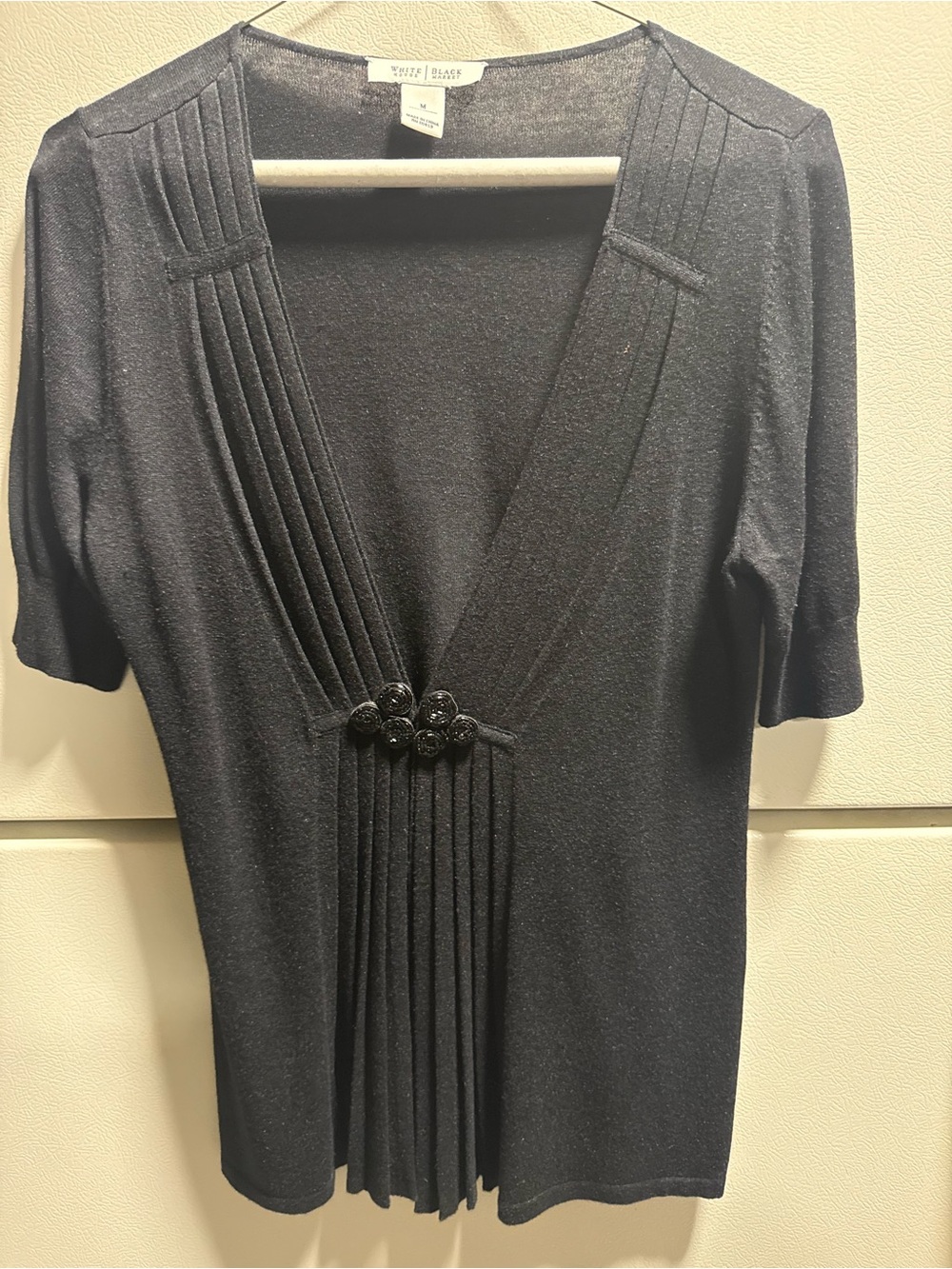 White House Black Market Black V-Neck Pleated Button-Accent top